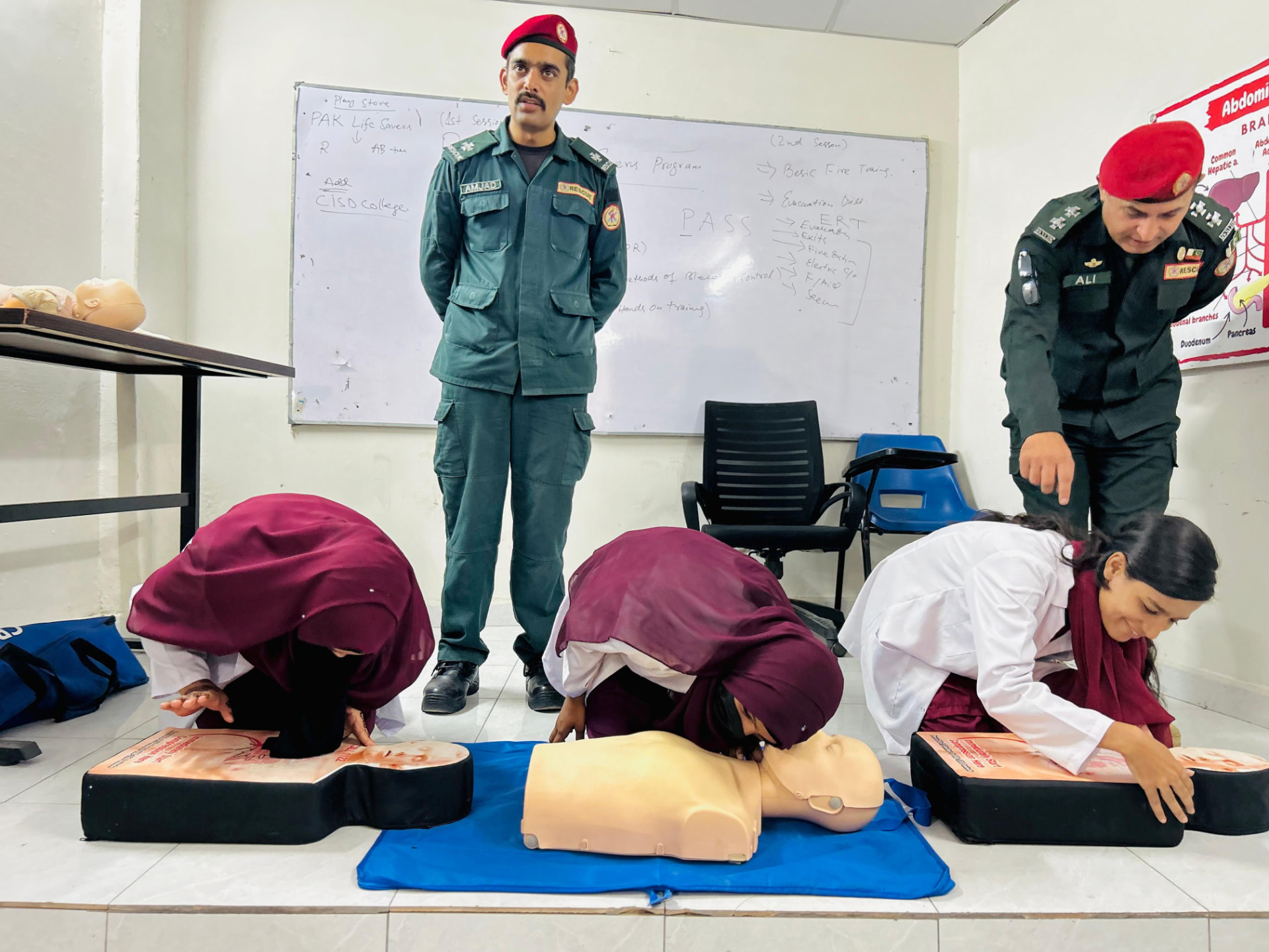 Rescue breathing under trainer supervision